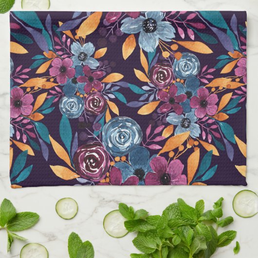 秋ブルゴーニュ海軍マスタードウォーター色フラワーアート キッチンタオル (折り畳み)