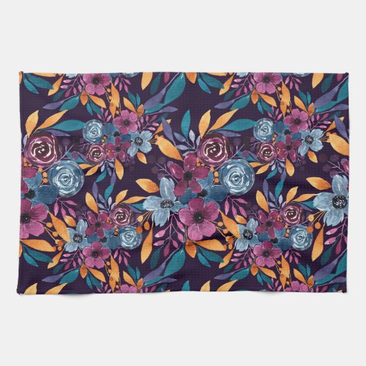 秋ブルゴーニュ海軍マスタードウォーター色フラワーアート キッチンタオル (横)