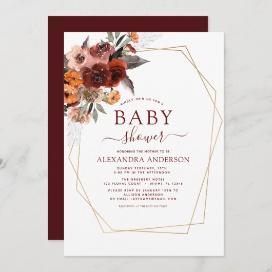秋ブルゴーニュ赤ちゃんシャワーフローラ 招待状 (正面/裏面)