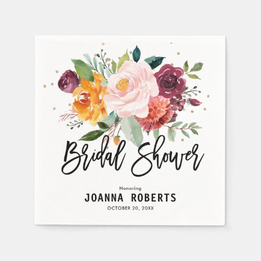 秋ブルゴーニュ赤面フローラブロッサムブライダルシャワー スタンダードカクテルナプキン (正面)