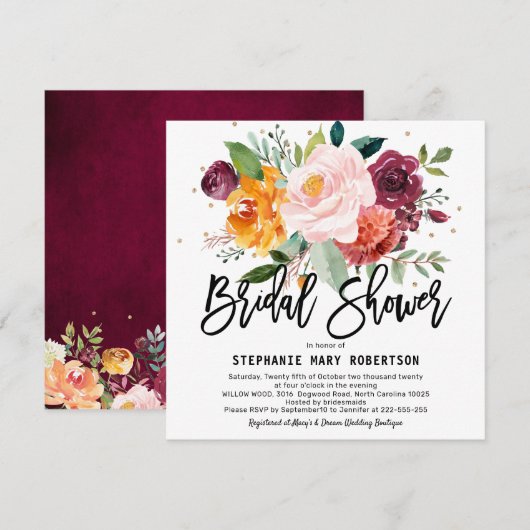 秋ブルゴーニュ赤面フローラブロッサムブライダルシャワー 招待状 (正面/裏面)