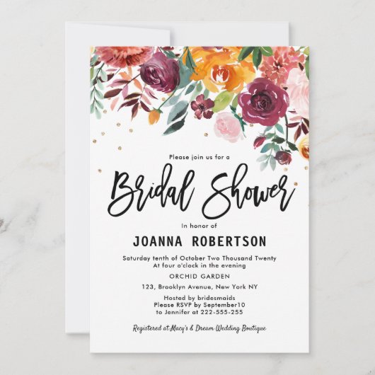 秋ブルゴーニュ赤面フローラブロッサムブライダルシャワー 招待状 (正面)