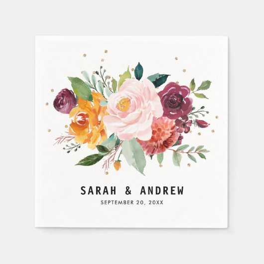 秋ブルゴーニュ赤面フローラブロッサム結婚ズ スタンダードカクテルナプキン (正面)