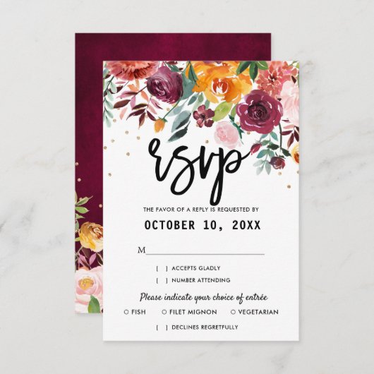 秋ブルゴーニュ赤面フローラブロッサム結婚ズ 出欠カード (正面/裏面)