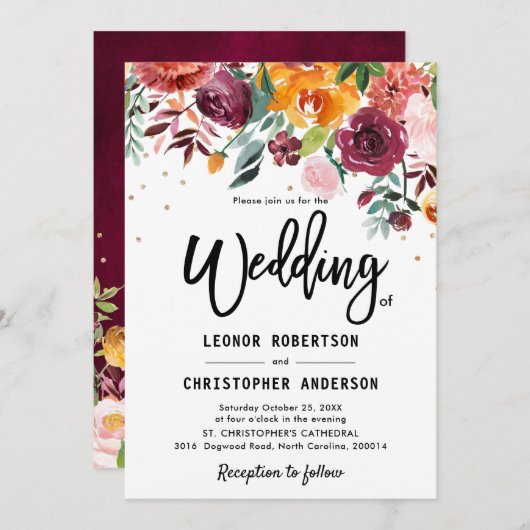 秋ブルゴーニュ赤面フローラブロッサム結婚ズ 招待状 (正面/裏面)