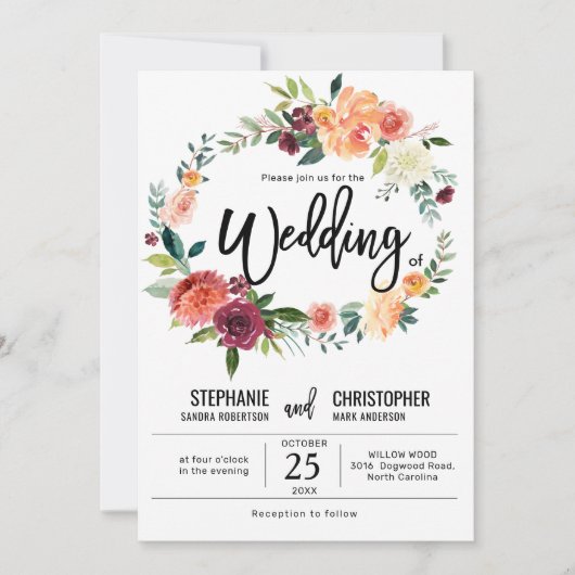 秋ブルゴーニュ赤面フローラブロッサム結婚ズ 招待状 (正面)