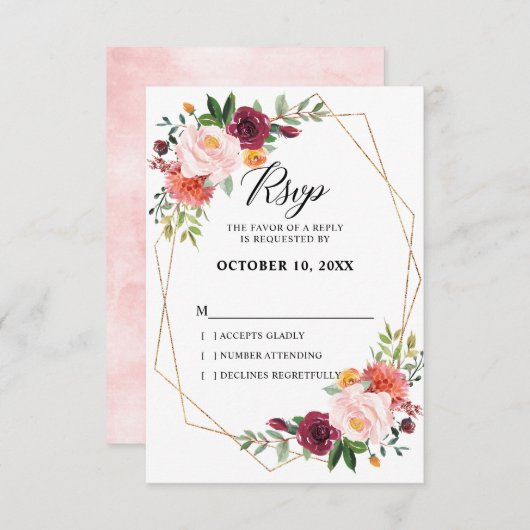 秋ブルゴーニュ赤面フローラ幾何結婚の 出欠カード (正面/裏面)