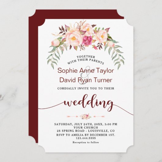 秋ブルゴーニュ赤面フローラ手書結婚き 招待状 (正面/裏面)