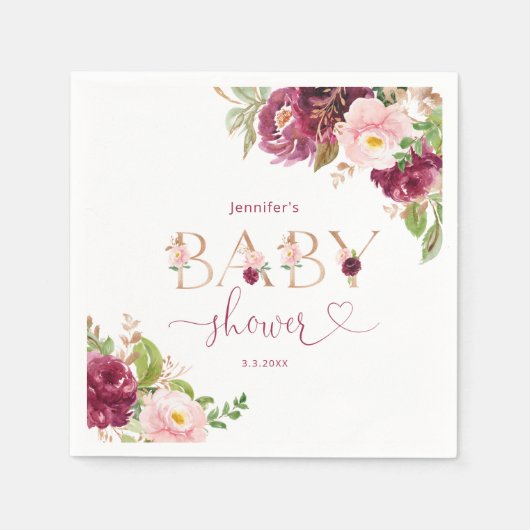 秋ブルゴーニュ金ゴールドフローラ赤ちゃんシャワーナプキン スタンダードカクテルナプキン (正面)