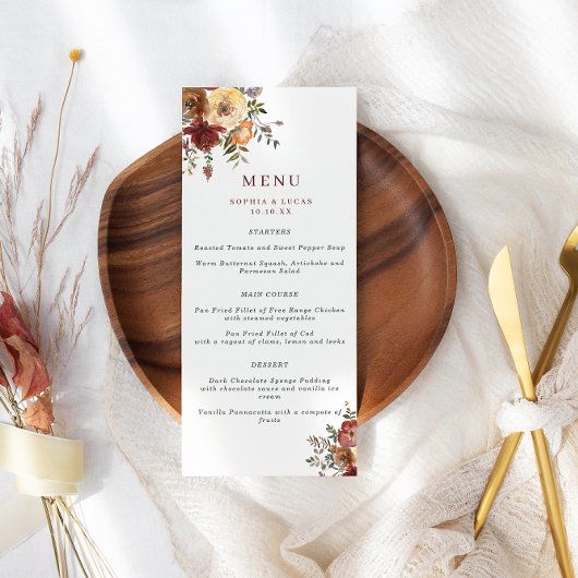 秋ブルゴーニュ&オレンジウォーター色の花結婚の メニュー