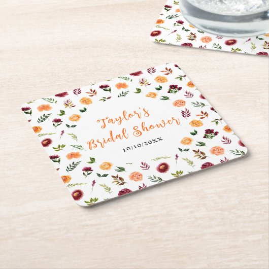 秋ブルゴーニュ&オレンジフローラブライダルシャワー スクエアペーパーコースター (アングル)