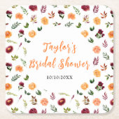 秋ブルゴーニュ&オレンジフローラブライダルシャワー スクエアペーパーコースター (正面)