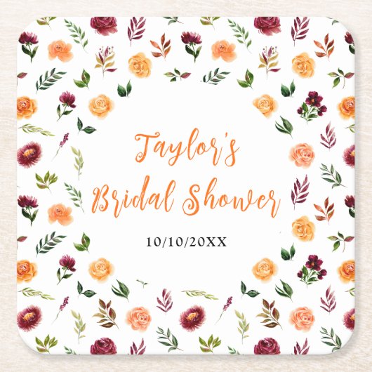 秋ブルゴーニュ&オレンジフローラブライダルシャワー スクエアペーパーコースター (正面)