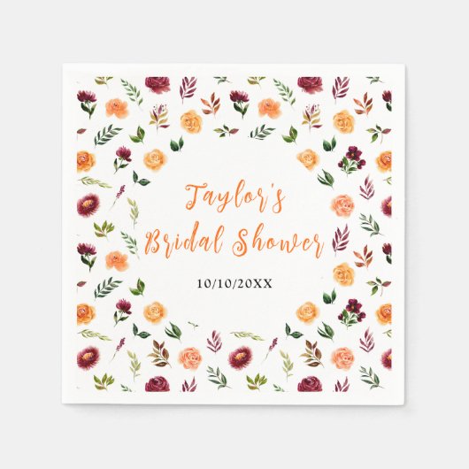 秋ブルゴーニュ&オレンジフローラブライダルシャワー スタンダードカクテルナプキン (正面)