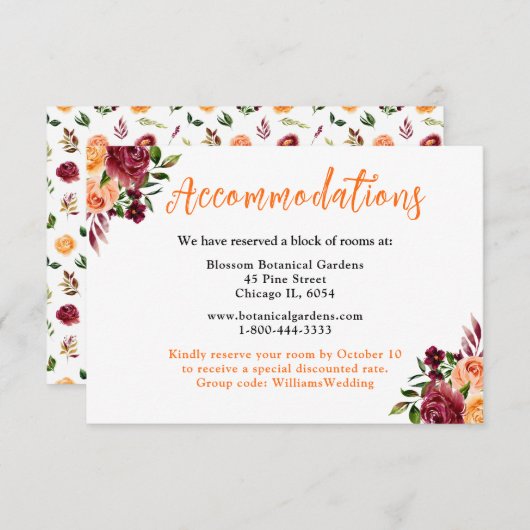 秋ブルゴーニュ・オレンジ結婚フローラの宿泊施設 エンクロージャーカード (正面/裏面)