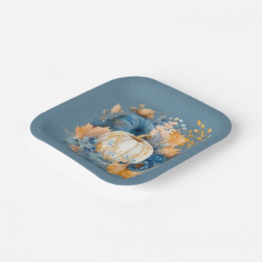 秋ブルーとオレンジカボチャ結婚牡丹 ペーパープレート (傾斜あり)