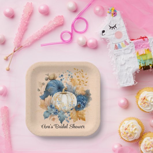 秋ブルーとオレンジカボチャ結婚牡丹 ペーパープレート (パーティー)