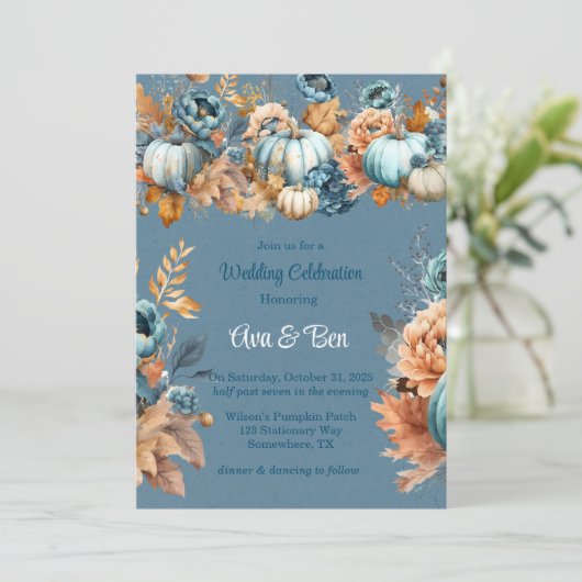 秋ブルーとオレンジカボチャ結婚牡丹 招待状 (スタンド正面)