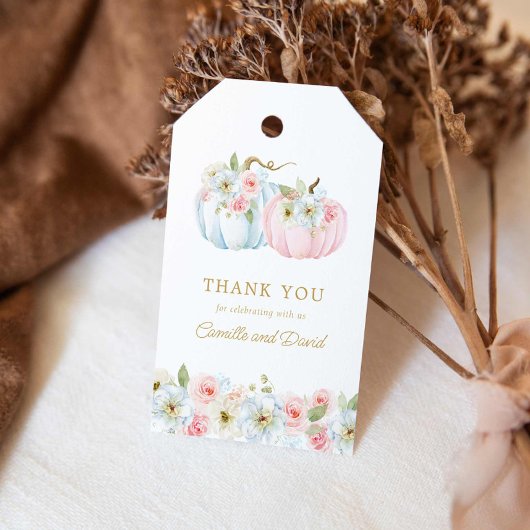 秋ブルーとピンクのカボチャ性別リビール ギフトタグ