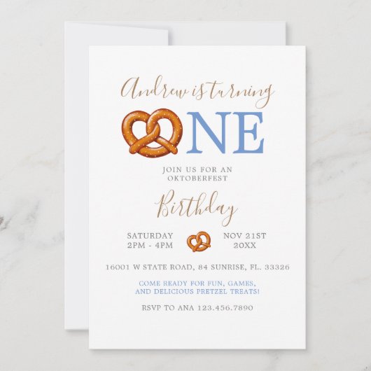 秋ブルーオクトバーフェストプレッツェルターニングワン誕生日 招待状 (正面)