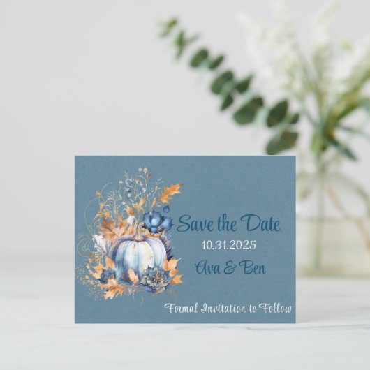 秋ブルーオレンジカボチャ牡丹デートを保存 ポストカード (スタンド正面)