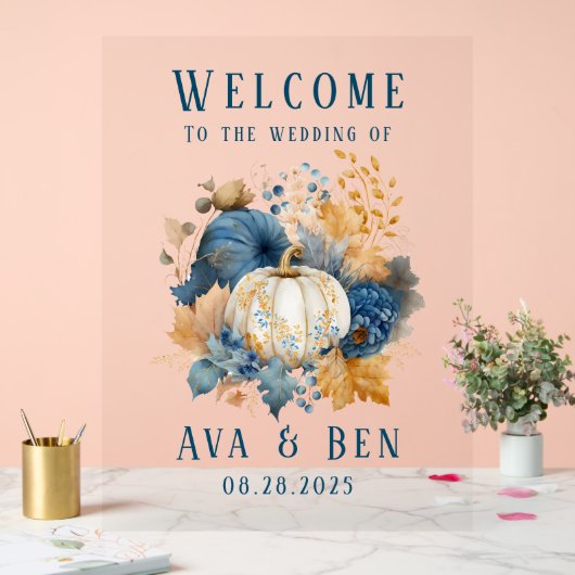 秋ブルーオレンジカボチャ結婚のウェルカムサイン アクリルサイン (ウェディング)