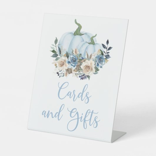 秋ブルーカボチャ男の子シャワーカードとギフトペデス 台座サイン (正面)