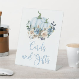 秋ブルーカボチャ男の子シャワーカードとギフトペデス 台座サイン