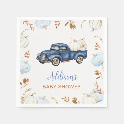 秋ブルーパンプキントラックベビーシャワー スタンダードカクテルナプキン (正面)