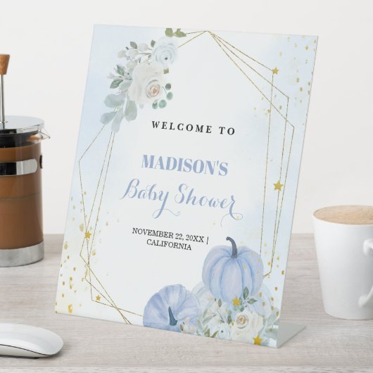 秋ブルーパンプキンボーイベビーシャワーウェルカムサイン 台座サイン (インサイチュ)