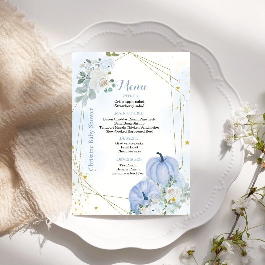 秋ブルーパンプキンボーイベビーシャワーパーティーメニューカード 招待状