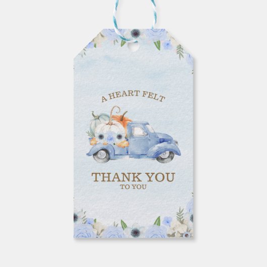 秋ブルーフローラパンプキントラックベビーシャワー ギフトタグ (裏面)