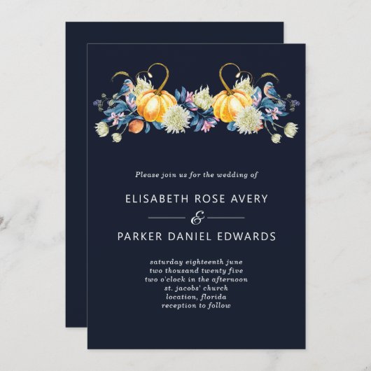 秋ブルーフローラパンプキン結婚式招待状 招待状 (正面/裏面)