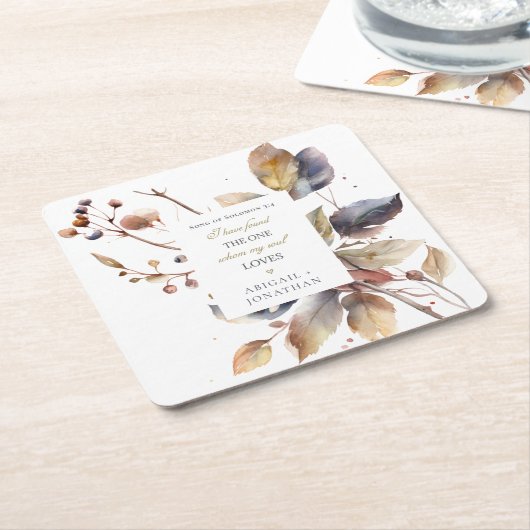 秋ブルー金ゴールド葉レッドクリスチャン結婚バイブル スクエアペーパーコースター (アングル)