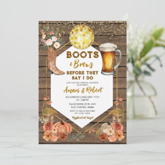 秋ブーツ&ブレウズウエスタンビールブライダルシャワー 招待状 (スタンド正面)