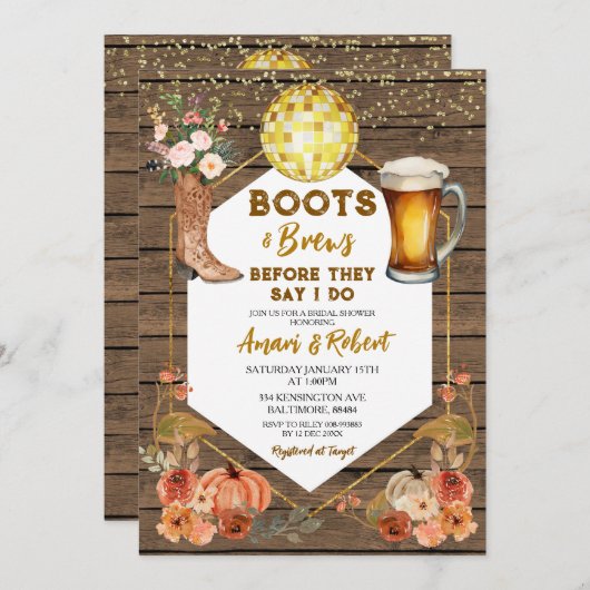 秋ブーツ&ブレウズウエスタンビールブライダルシャワー 招待状 (正面/裏面)
