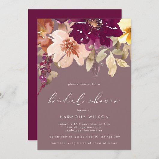 秋プラムウォーター色フローラブライダルシャワー 招待状 (正面/裏面)