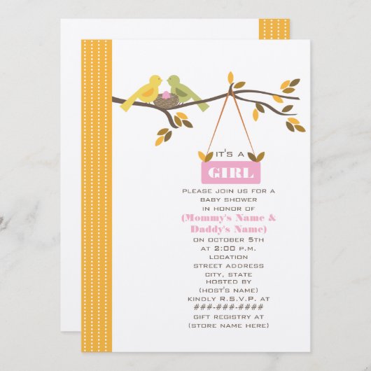 秋ベビーシャワーママ&ダディバード&ピンクエッグ 招待状 (正面/裏面)