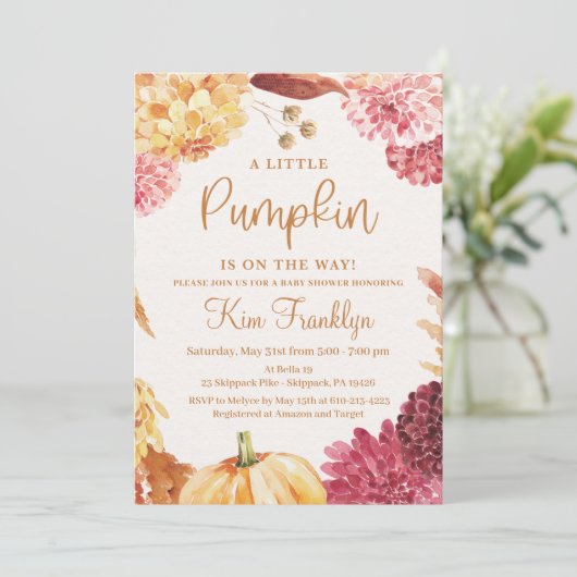 秋ベビーシャワー小さなかぼちゃが途中にある 招待状 (スタンド正面)