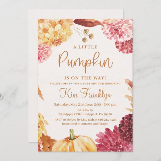秋ベビーシャワー小さなかぼちゃが途中にある 招待状 (正面/裏面)