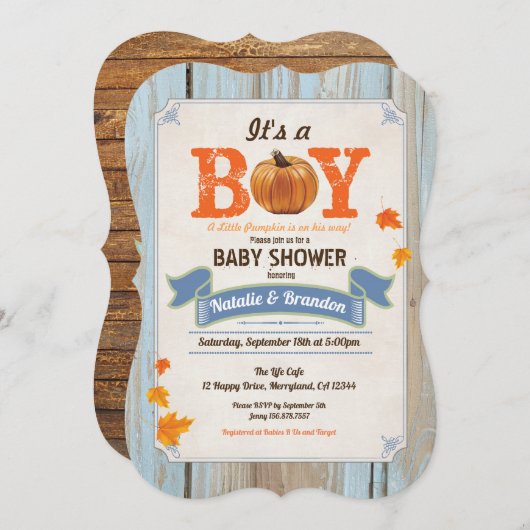 秋ベビーシャワー招待の田舎のカボチャ材 招待状 (正面/裏面)