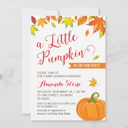 秋ベビーシャワー招待状、リトルカボチャ秋 招待状 (正面)