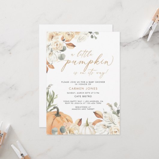 秋ベビーシャワー招待状、小さなカボチャ 招待状 (正面/裏面インサイチュ)