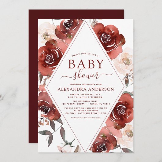 秋ベビーシャワー燃えたオレンジ色のフローラ 招待状 (正面/裏面)