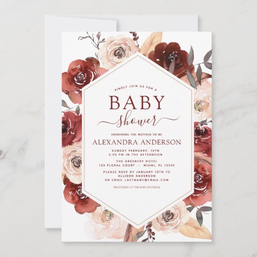 秋ベビーシャワー燃えたオレンジ色のフローラ 招待状 (正面)