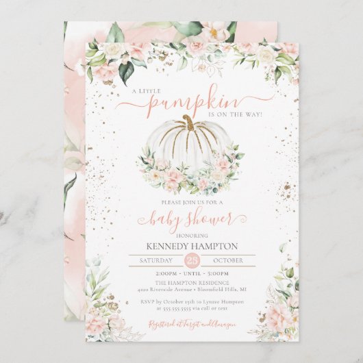 秋ベビーシャワー赤面ピンク&ホワイトリトルカボチャ 招待状 (正面/裏面)
