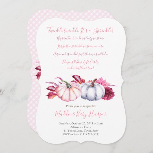秋ベビーパンプキンス付き女の子のための振葉りかける 招待状 (正面/裏面)