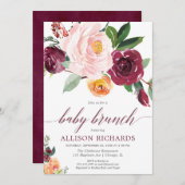 秋ベビーブランチ、女の子の赤ちゃんシャワーピンクのバーガンディ 招待状 (正面/裏面)