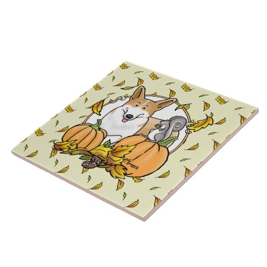 秋ペンブロークウェルシュコーギー(赤1)カボチャかわいい タイル (側面)