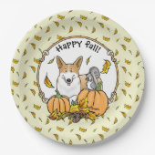 秋ペンブロークウェルシュコーギー（赤1）カボチャかわいい ペーパープレート (正面)